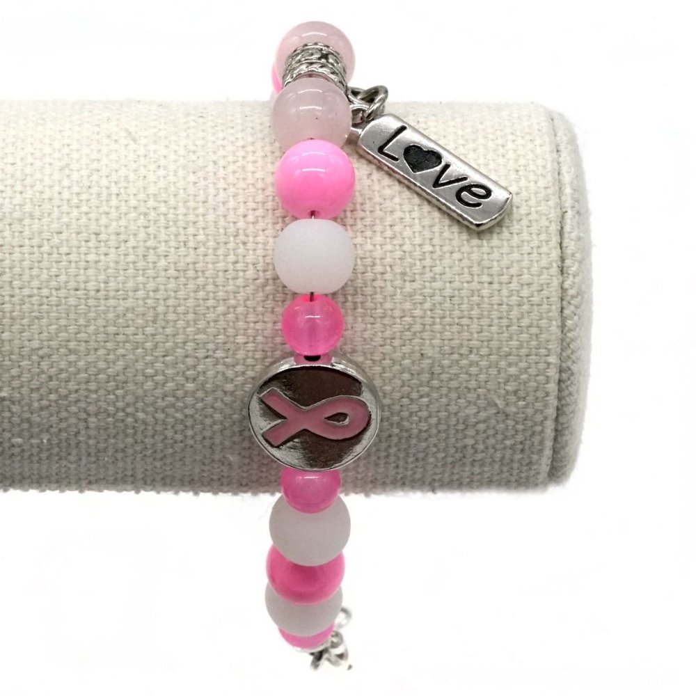 Bracelet Pink Ribbon Breast Cancer Awareness Love Charm Pink White Ribbon Beads - Picture 2 of 2